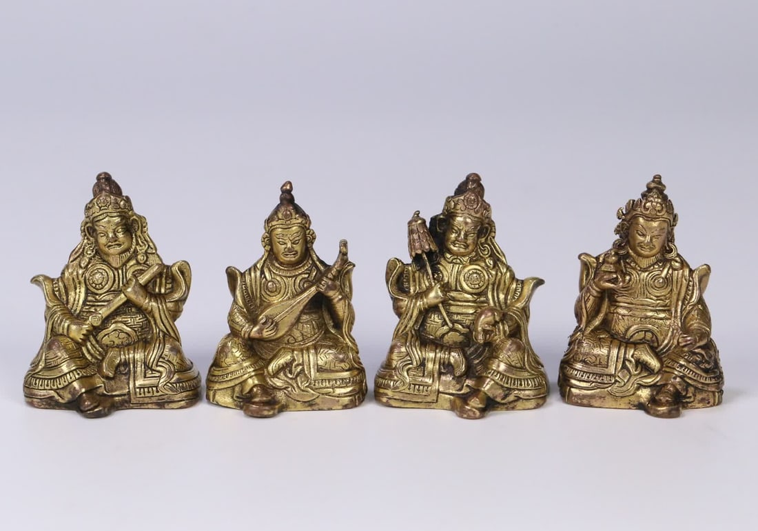 One piece: a Qing Dynasty gilt bronze set of the Four Heavenly Kings: A set of the Four Heavenly Kings from the Qing Dynasty bronze gilded piece SIZE: One of them is 4x3.2x2.7cm, total W: 171.8g (The Dimensions Of All Batches Are Manually Measured.If You Need More