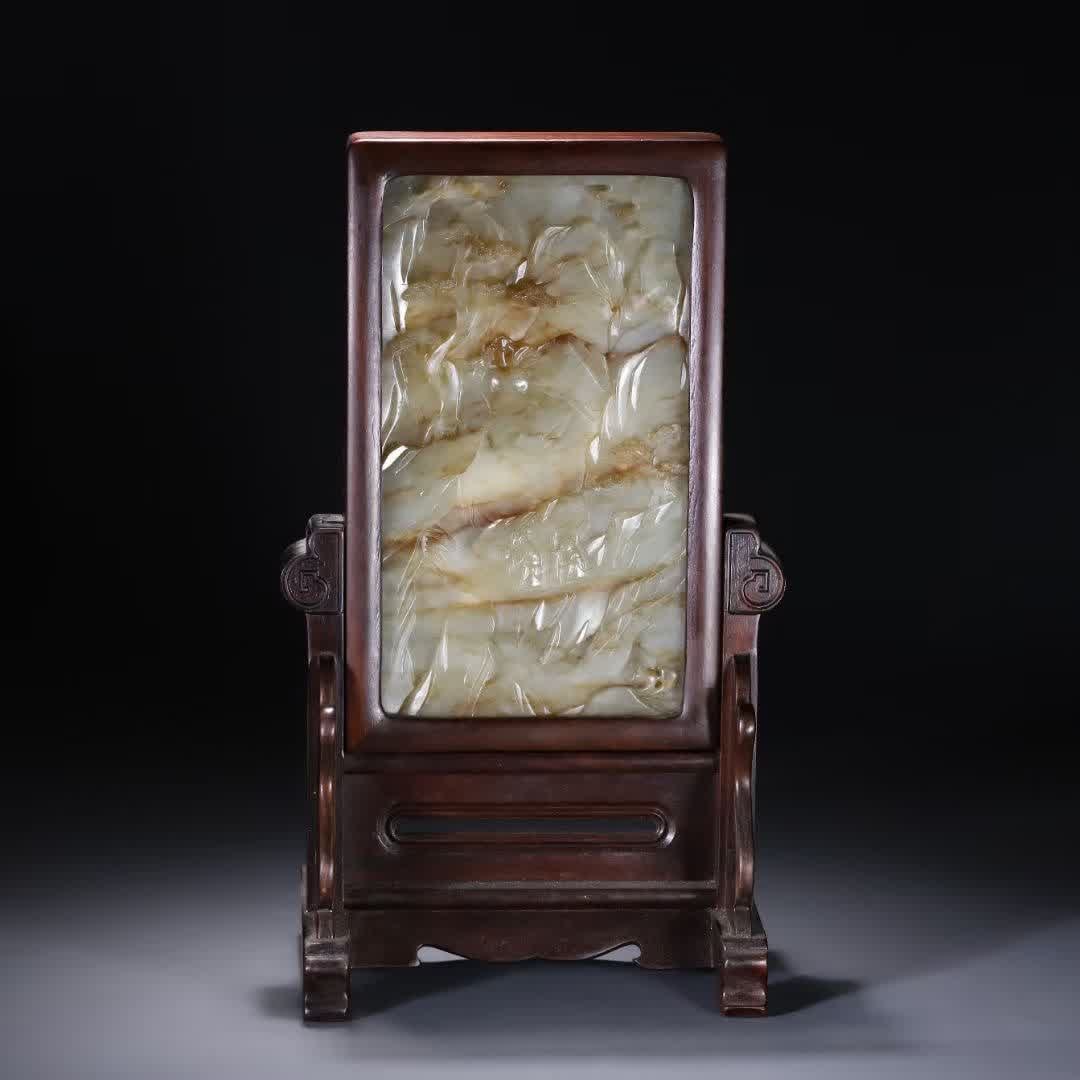 A Qing Dynasty rosewood inlaid with Hetian jade landscape portraits: Qing dynasty rosewood inlaid with Hetian jade landscape interspersed with figures SIZE: H:29.2cm 15.5cm W:11.3cm W:1107g (The Dimensions Of All Batches Are Manually Measured.If You Need More Detailed