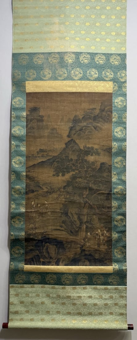 A silk scroll of landscape figures by Ming dynasty Dai Jin: Silk scroll portrait of landscape figures by Ming dynasty artist Dai Jin SIZE: Silk scroll 49x96cm (The Dimensions Of All Batches Are Manually Measured.If You Need More Detailed Information, Please