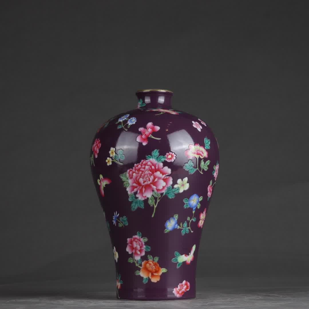 A Qing Yongzheng period famille rose plum vase with eggplant skin and purple glaze floral patterns: Qing dynasty Yongzheng famille rose plum vase with eggplant skin and purple glaze floral patterns SIZE: H: 21.3cm Belly diameter 13.5cm (The Dimensions Of All Batches Are Manually Measured.If You Need