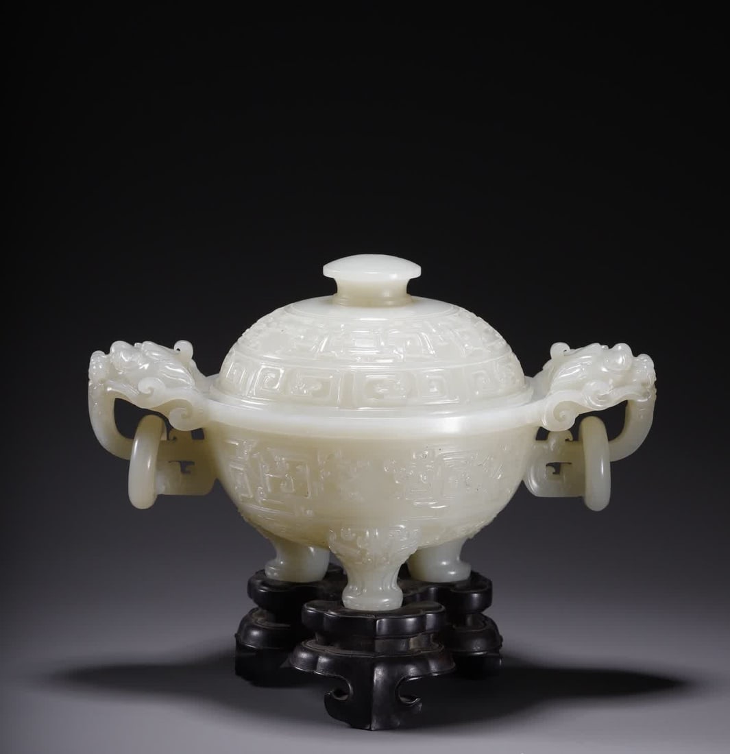 One is a Qing Dynasty Hetian jade dragon-ear warmer: Qing Dynasty Hetian jade dragon-ear censer SIZE: 22.5x14x13.5cm W:218.6g (The Dimensions Of All Batches Are Manually Measured.If You Need More Detailed Information, Please Contact Our Customer Service