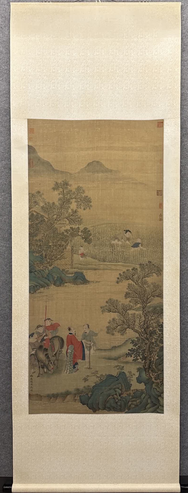 A silk scroll painting of landscape figures by Wu Bin (1 of 12)