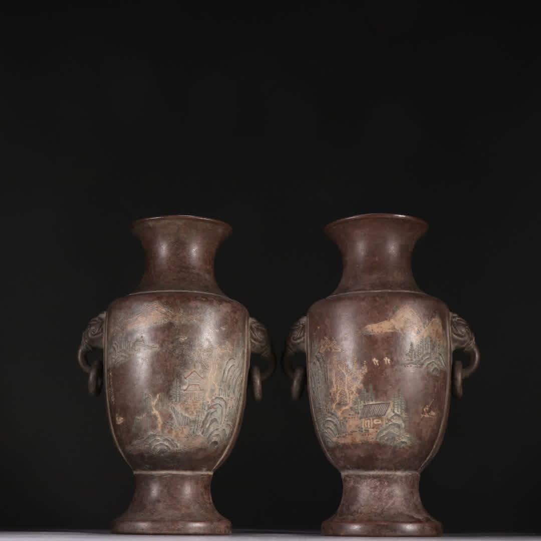 One piece: a pair of Wang Nanlin-style purple clay landscape double ring-holding vases (1 of 9)