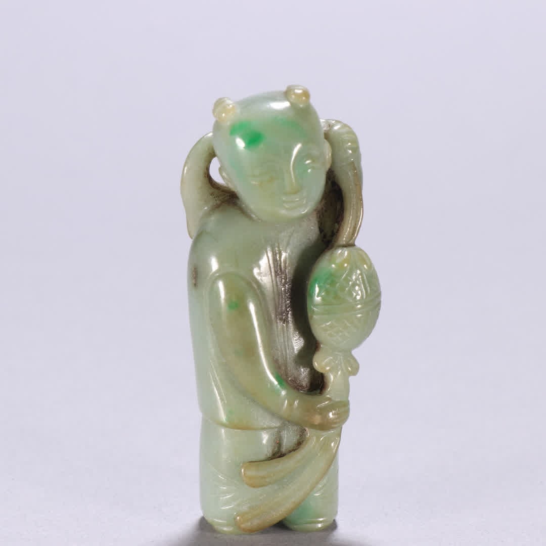 A Qing dynasty jade boy carving: A Qing dynasty jade boy carving SIZE: H:7.8cm W:3.1cm W:91.4g (The Dimensions Of All Batches Are Manually Measured.If You Need More Detailed Information, Please Contact Our Customer Service Before Bid