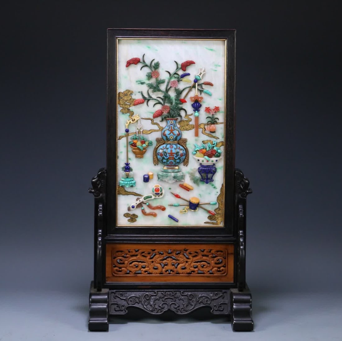 A premium Qing dynasty court desk piece, rosewood frame, jadeite hundred-treasure inlay, and antique (1 of 9)