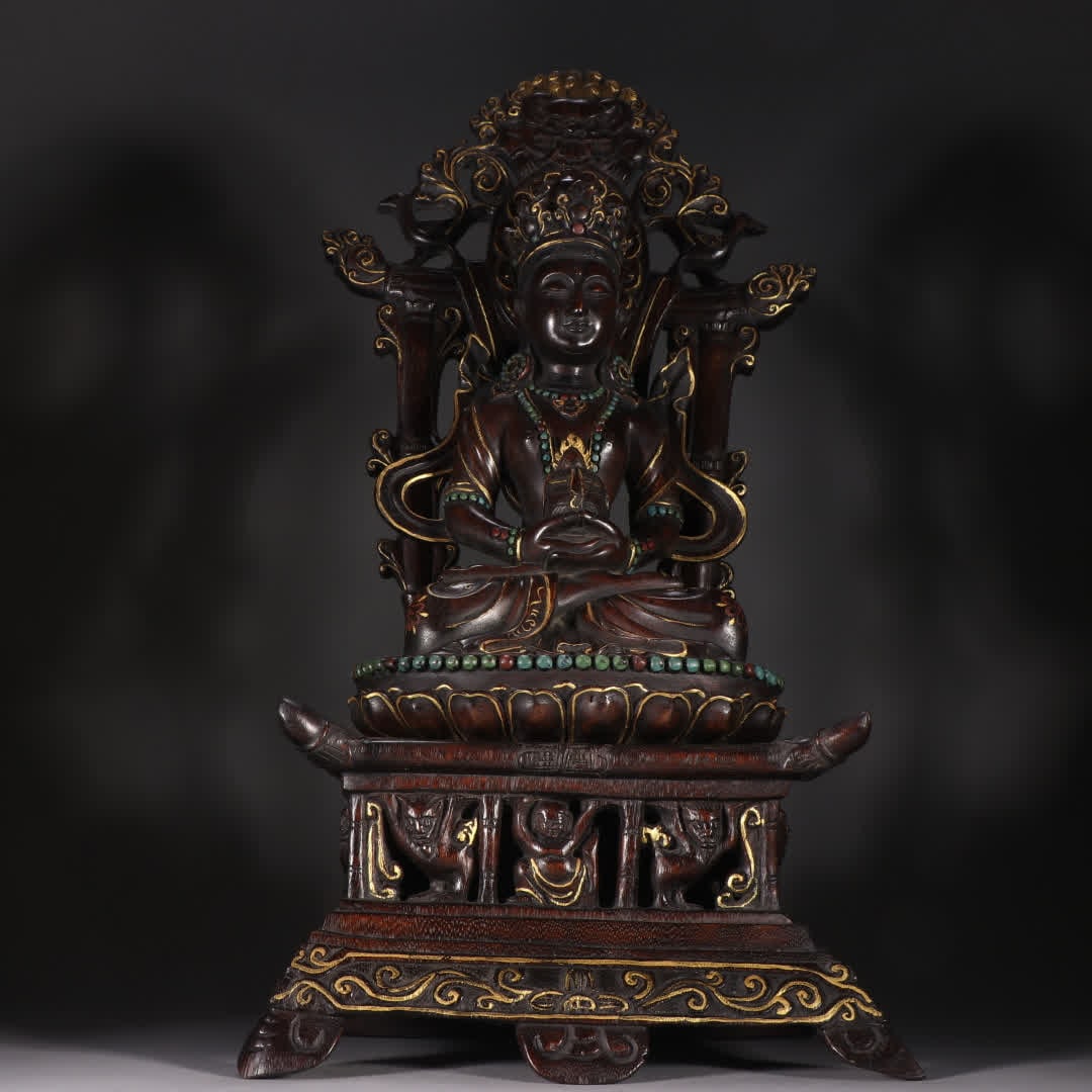 A Qing dynasty agarwood gold-painted Amitayus Buddha statue: Qing Dynasty: Chenxiang gilded Amitayus Buddha statue SIZE: H:50cm W:23.5cm W:1252.3g (The Dimensions Of All Batches Are Manually Measured.If You Need More Detailed Information, Please Contact Our Cus