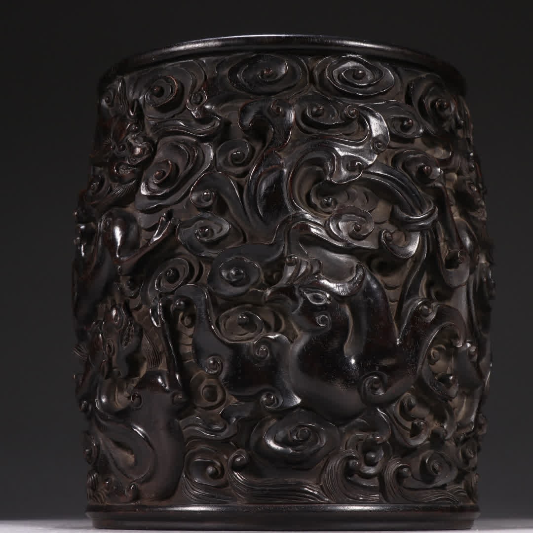 A Qing Zitan Dragon and Phoenix Auspicious Brush Pot - 2