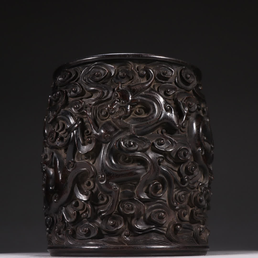 A Qing Zitan Dragon and Phoenix Auspicious Brush Pot - 4
