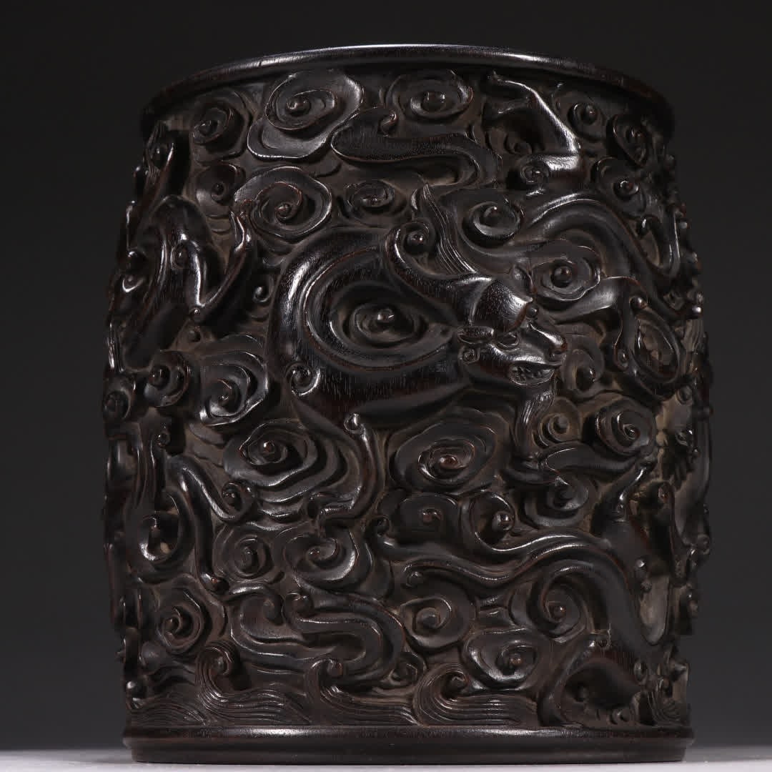 A Qing Zitan Dragon and Phoenix Auspicious Brush Pot - 7