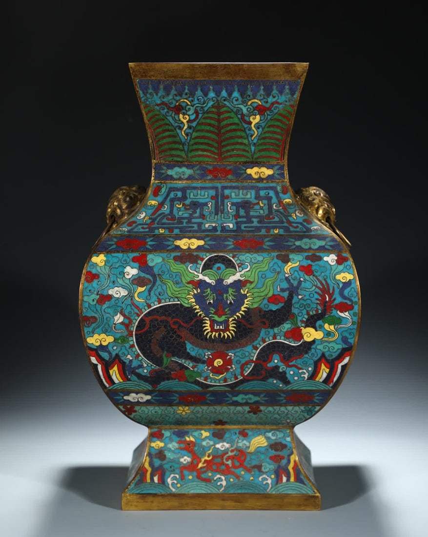 One Ming Dynasty bronze-bodied cloisonne enamel sea dragon pattern square zun vessel: Ming Dynasty bronze-bodied cloisonne cloisonne enamel sea water dragon pattern square zun vessel SIZE: H:41cm W:25cm W:6300g (The Dimensions Of All Batches Are Manually Measured.If You Need More Detai