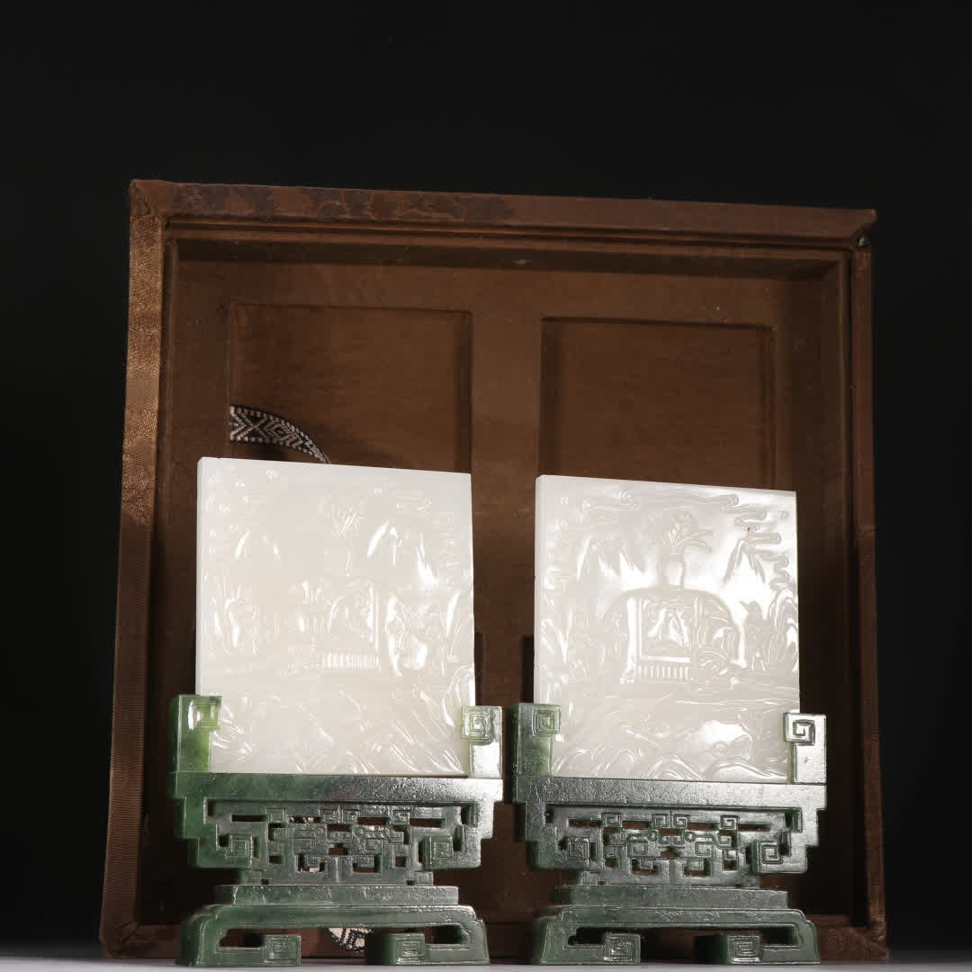 A pair of Qing dynasty jasper inlaid Hetian jade "Taiping Youxiang Screen" pieces (1 of 9)