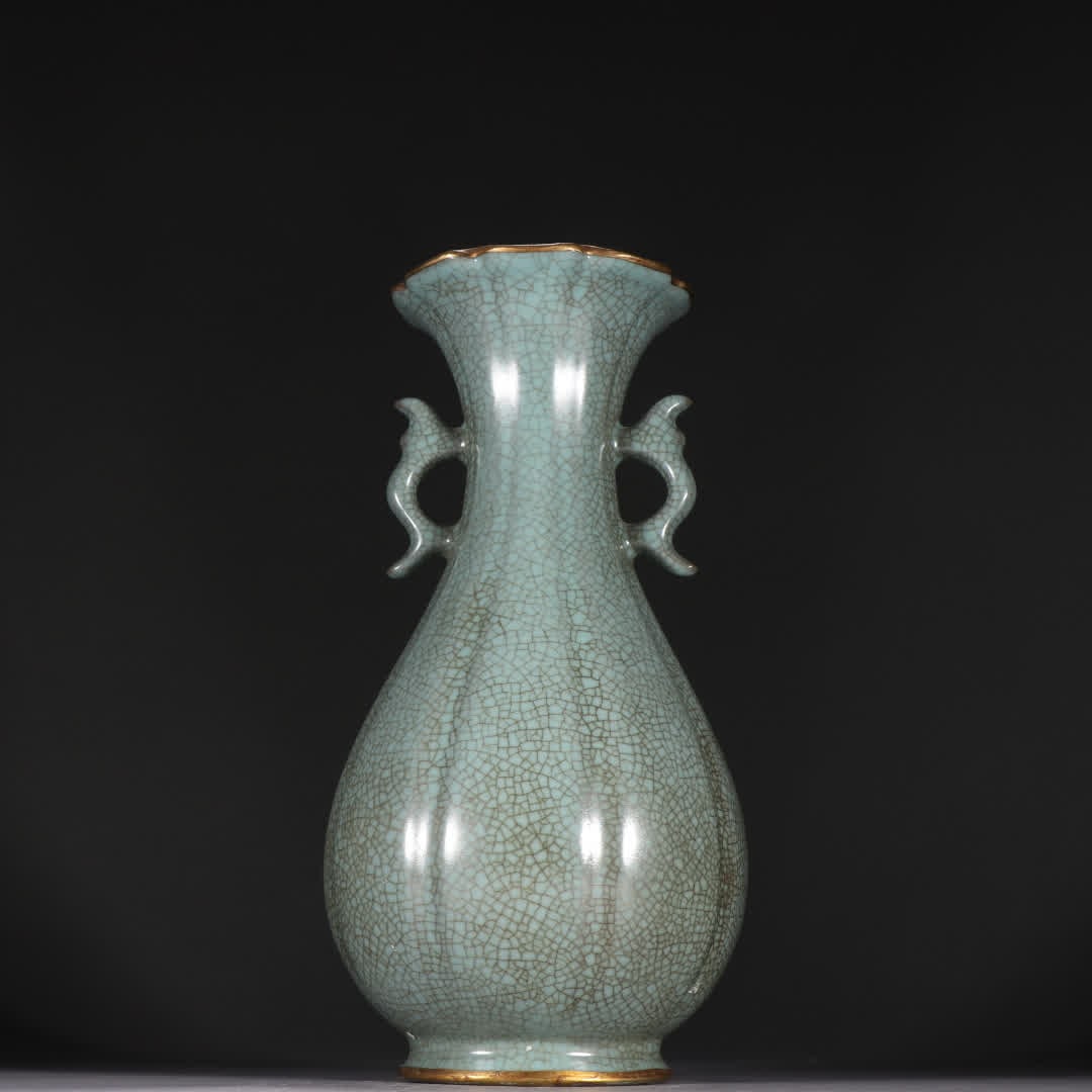 A Song dynasty Ru kiln sky-blue glazed gold-covered phoenix-ear vase: Song Dynasty Ru kiln sky-blue glaze gold-wrapped phoenix-ear vase SIZE: H:24cm W:13cm (The Dimensions Of All Batches Are Manually Measured.If You Need More Detailed Information, Please Contact Our Cus