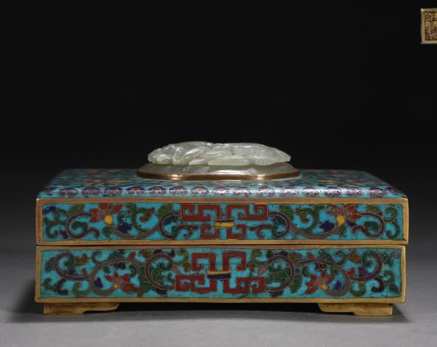 A Qing Dynasty copper-bodied cloisonne cloisonne enamel jade inlaid rectangular lid box (1 of 9)