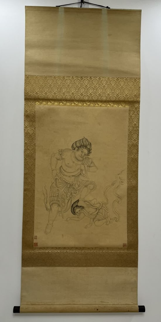 A Ming dynasty plain line paper painting of the Heavenly King, hanging hanging scroll (1 of 11)