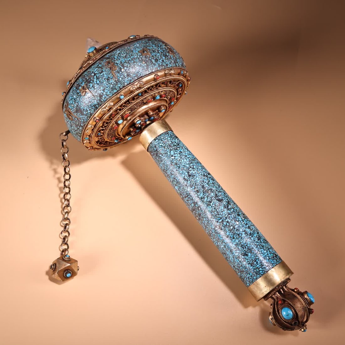 One is a Qing Dynasty filigree inlaid gemstone gilt prayer wheel (1 of 13)