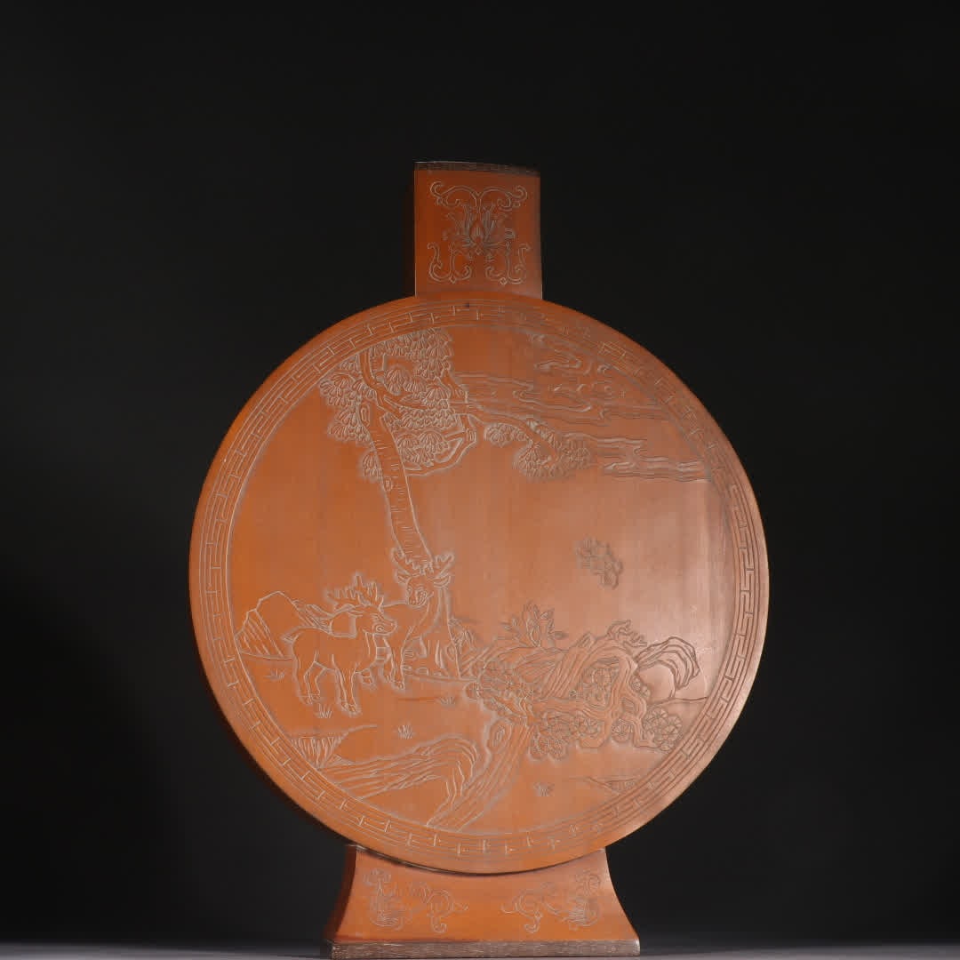 A Qing dynasty bamboo huang with "Pine and crane prolonging life" and "Crane and deer in spring" (1 of 9)