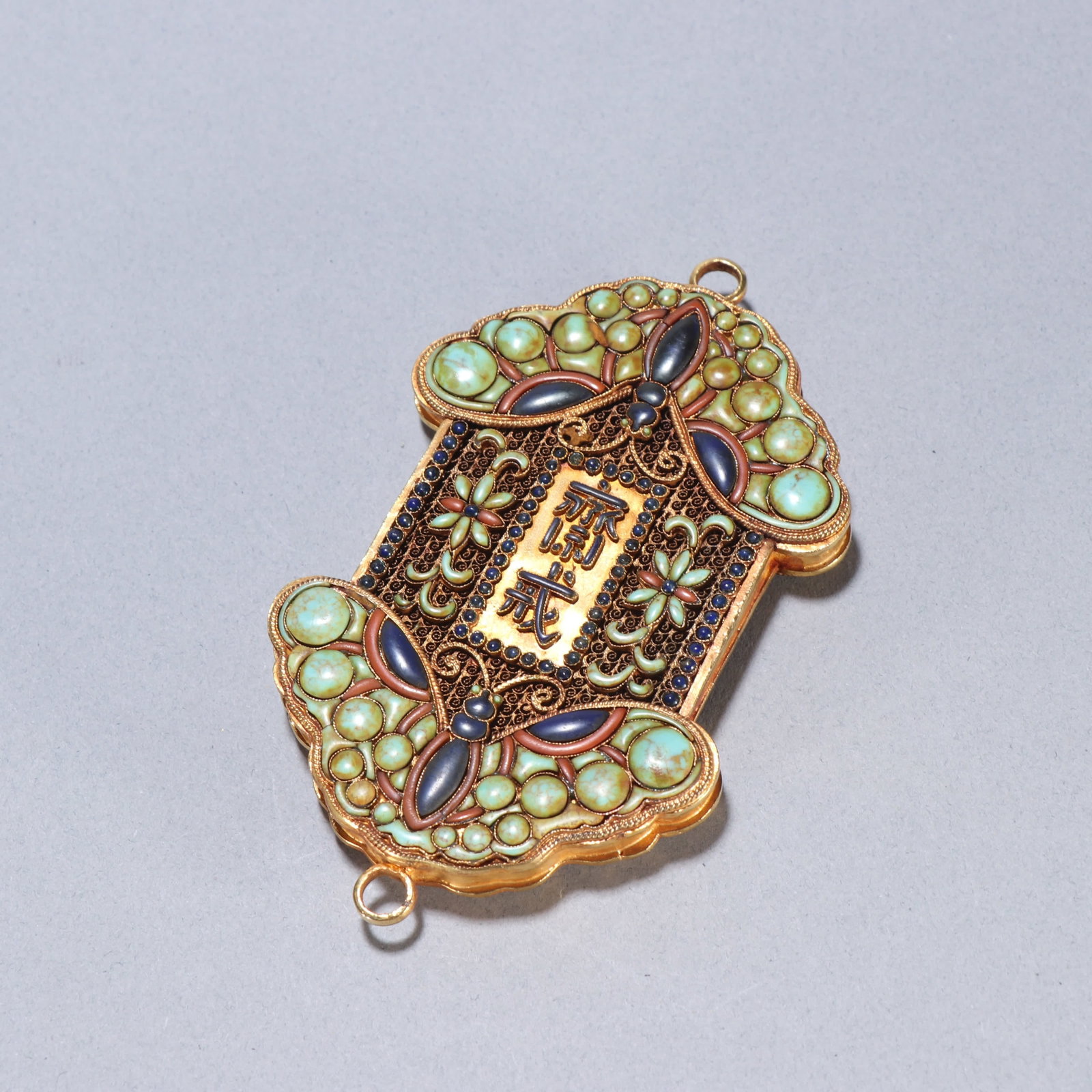A clear silver gilt inlaid turquoise fasting precept plaque (1 of 9)