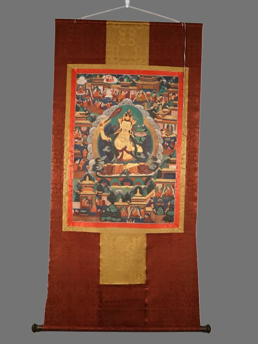 A Qing Dynasty Manjushri Bodhisattva Thangka: Qing Dynasty Manjushri Bodhisattva Thangka SIZE: H:158cm W:92.5cm (The Dimensions Of All Batches Are Manually Measured.If You Need More Detailed Information, Please Contact Our Customer Service Before