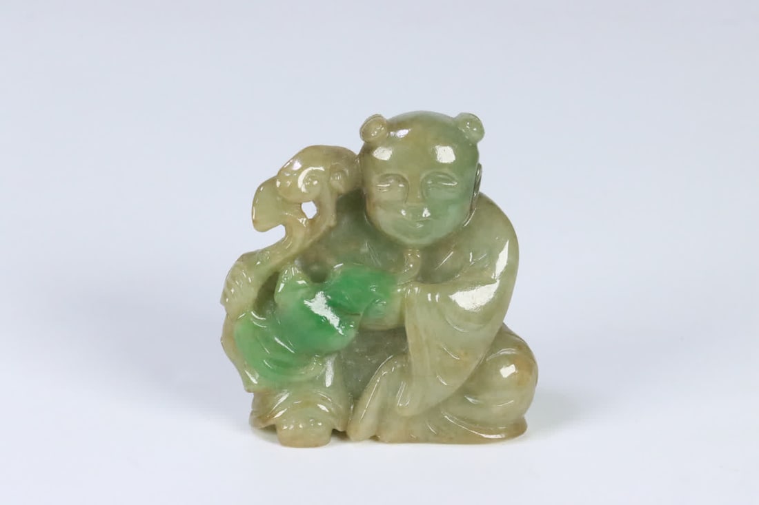 A Qing Dynasty old jade boy gifting a blessing bracelet: Qing Dynasty Old Jade Youth Gifting Blessing Bracelet SIZE: 4.3x4.33x2.2cm W:56.2g (The Dimensions Of All Batches Are Manually Measured.If You Need More Detailed Information, Please Contact Our Custom
