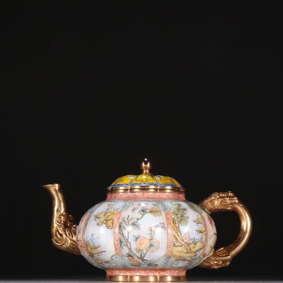 A Qing Dynasty bronze gilt enamel landscape teapot: Qing Dynasty bronze gilt painted enamel landscape figure teapot SIZE: H:9.5cm W:16cm W:380g (The Dimensions Of All Batches Are Manually Measured.If You Need More Detailed Information, Please Contact O