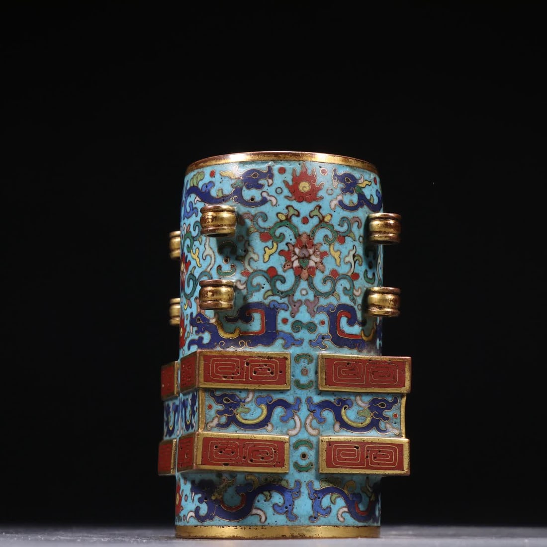 A Qing Dynasty copper gilt cloisonne cong-style vase: Qing Dynasty copper gilt cloisonne blue cong-style vase SIZE: H:12cm W:7.2cm W:722g (The Dimensions Of All Batches Are Manually Measured.If You Need More Detailed Information, Please Contact Our Custo