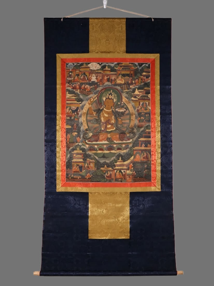 A Qing Dynasty Manjushri Bodhisattva Thangka: Qing Dynasty Manjushri Bodhisattva Thangka SIZE: H:137cm W:80cm (The Dimensions Of All Batches Are Manually Measured.If You Need More Detailed Information, Please Contact Our Customer Service Before B