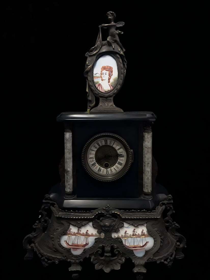 A late Qing dynasty marble bronze decorated porcelain-painted table clock: Late Qing dynasty marble copper-decorated porcelain-painted table clock SIZE: H:54cm L:34cm (The Dimensions Of All Batches Are Manually Measured.If You Need More Detailed Information, Please Contact O