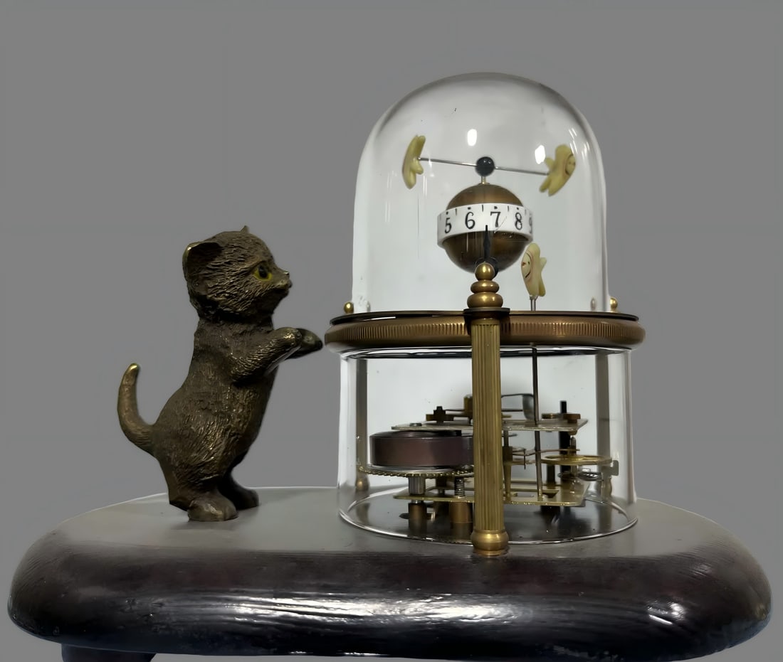 A late Qing dynasty copper clock for a cat catching a small fish aquarium (1 of 9)