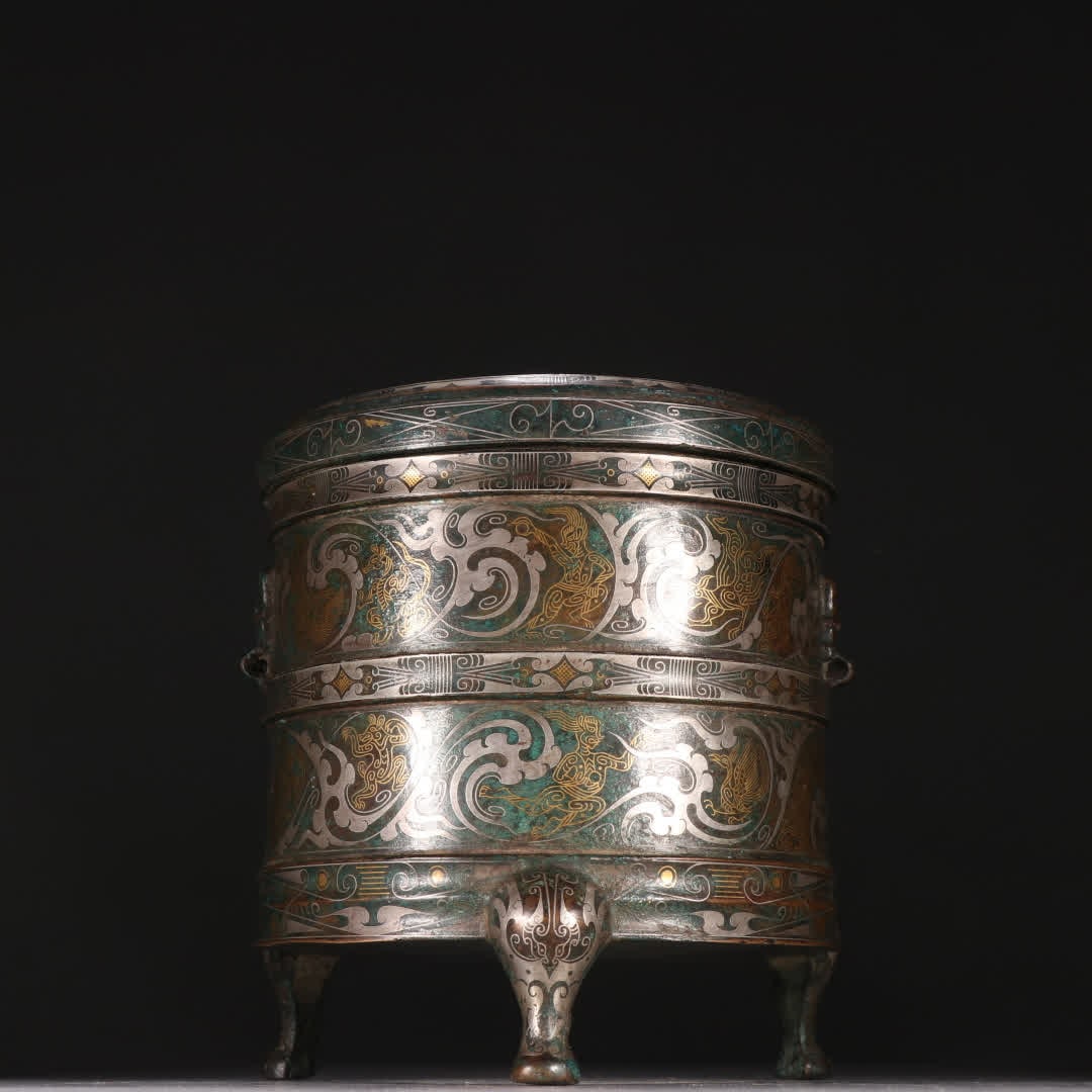 A Han dynasty three-legged jar inlaid with gold and silver: Han Dynasty gold-silver three-legged jar SIZE: H:15.2cm W:13cm W:1705.1g (The Dimensions Of All Batches Are Manually Measured.If You Need More Detailed Information, Please Contact Our Customer Service