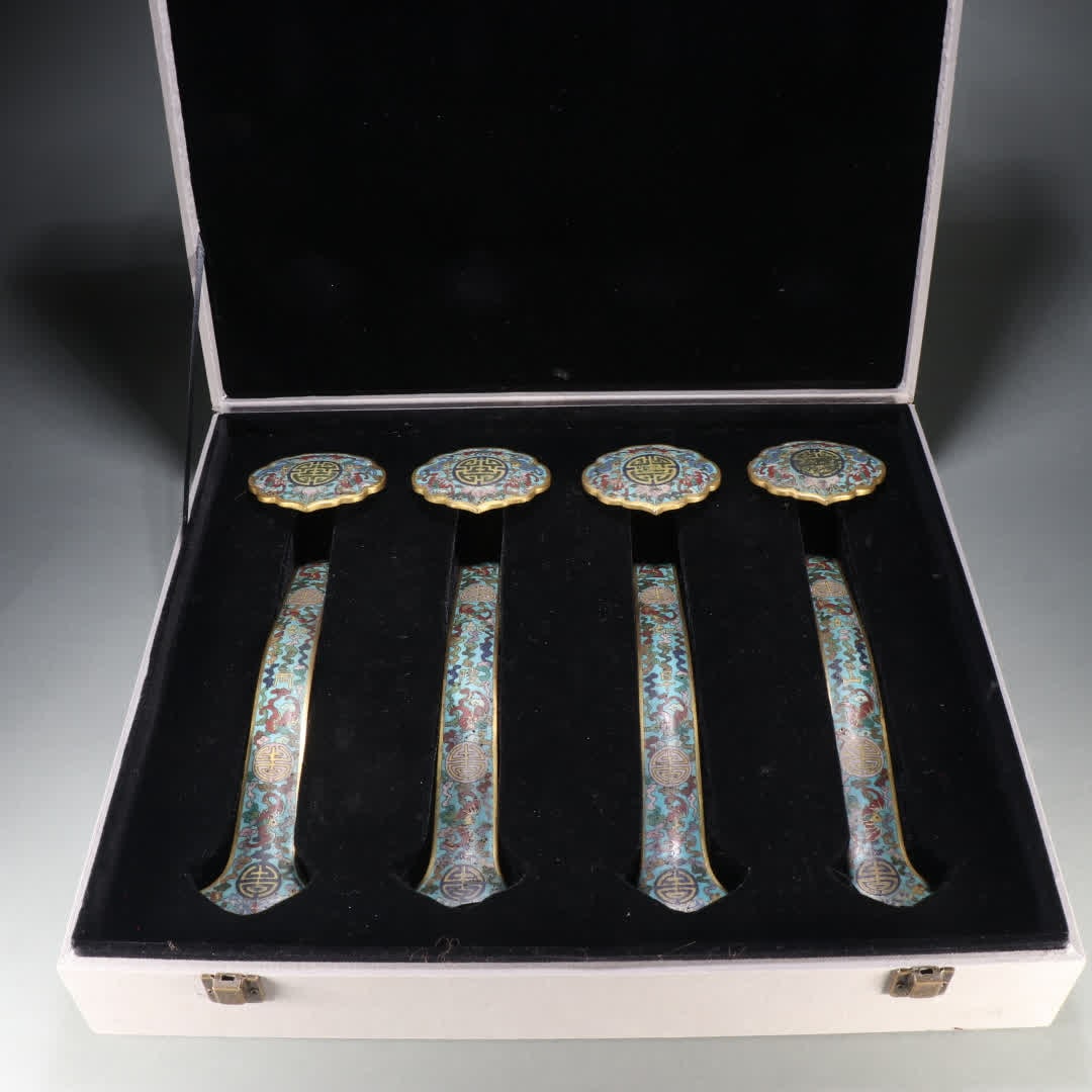 A set of Qing Dynasty gilt bronze cloisonne with 'Fortune and Longevity Wish': Qing Dynasty gilt bronze cloisonne Fushou Ruyi set SIZE: L:22.3cm W:8.3cm Single W:404.3g (The Dimensions Of All Batches Are Manually Measured.If You Need More Detailed Information, Please Contact Our