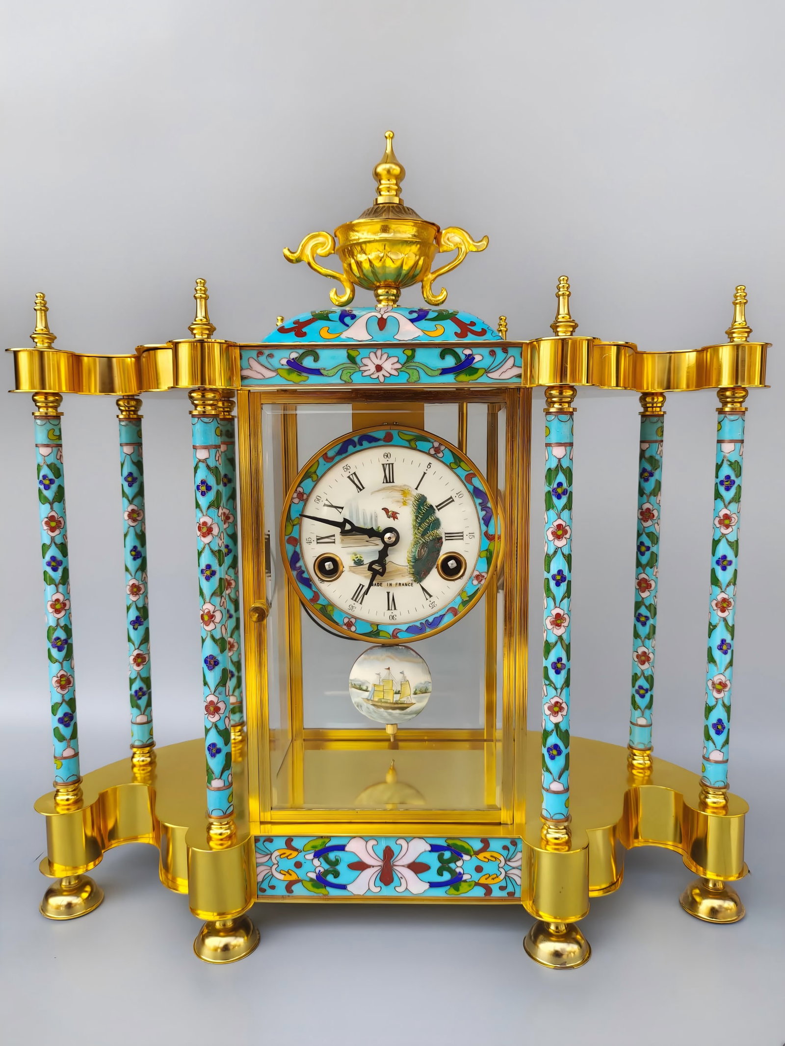 A late Qing cloisonne gilded bronze clock: Late Qing cloisonne bronze gilt bell SIZE: 45x40x18cm (The Dimensions Of All Batches Are Manually Measured.If You Need More Detailed Information, Please Contact Our Customer Service Before Bidding.)