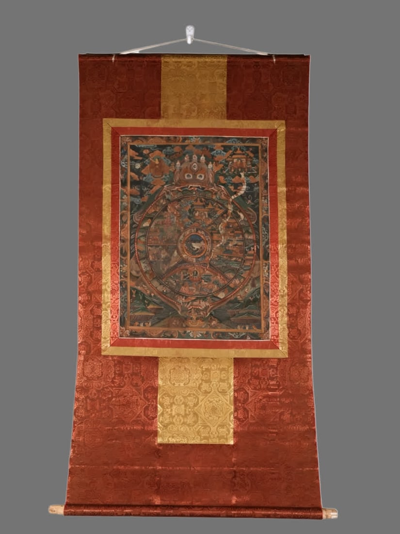 A Thangka from the Six Realms of Reincarnation and Life and Death Map: Six Paths of Reincarnation Life and Death Diagram Thangka SIZE: H:115cm W:71.4cm (The Dimensions Of All Batches Are Manually Measured.If You Need More Detailed Information, Please Contact Our Customer
