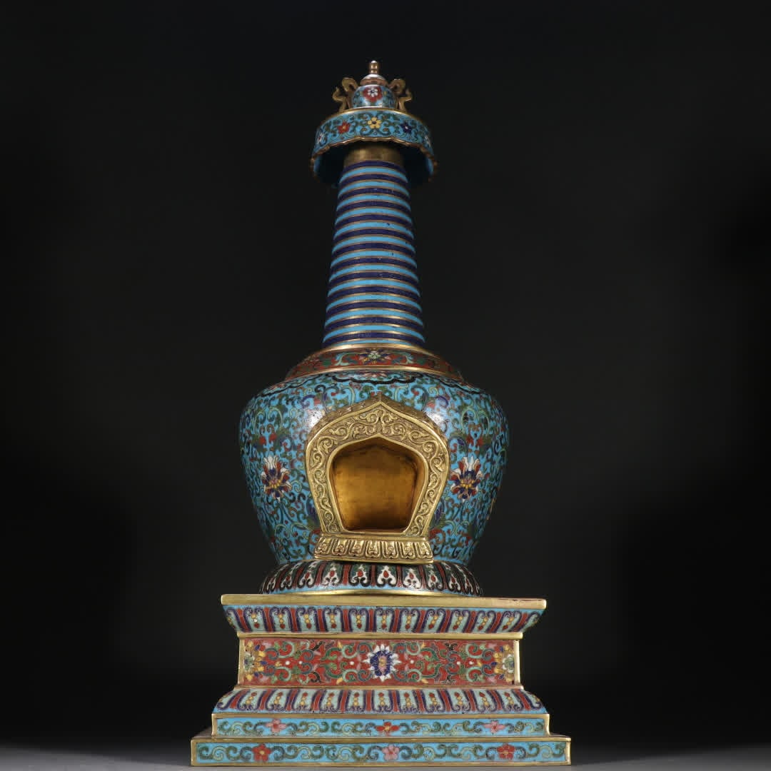 A Qing Dynasty copper gilt cloisonne lotus pattern pagoda: Qing Dynasty bronze gilt cloisonne lotus pattern pagoda SIZE: H:46cm W:19.2cm W:5502.5g (The Dimensions Of All Batches Are Manually Measured.If You Need More Detailed Information, Please Contact Our C