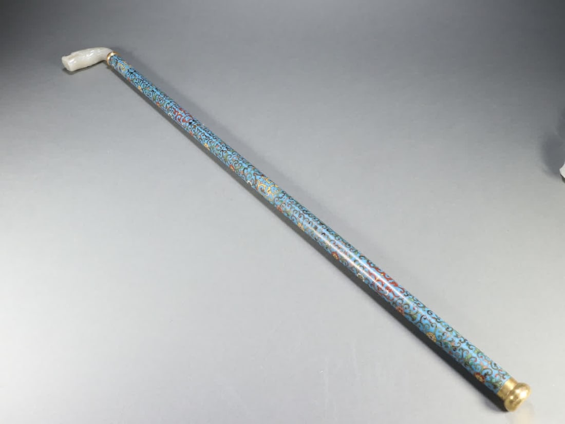 A Qing Dynasty copper gilt cloisonne inlaid with a Hetian jade staff head (1 of 9)