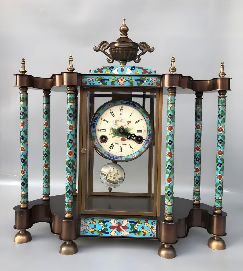A late Qing dynasty enamel and colorful mechanical ancient clock: Late Qing enamel and colored mechanical ancient clock SIZE: 40x18x45cm (The Dimensions Of All Batches Are Manually Measured.If You Need More Detailed Information, Please Contact Our Customer Service B