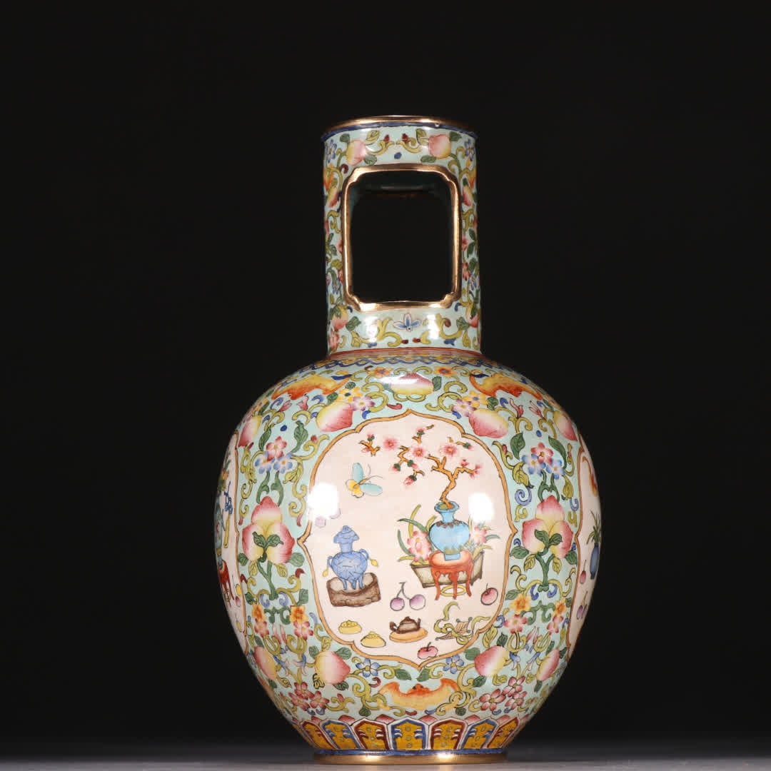 A Qing Dynasty copper gilded painted enamel window antique pattern vase: Qing Dynasty copper gilded painted enamel window antique pattern vase SIZE: H:13.8cm W:8.6cm W:336.7g (The Dimensions Of All Batches Are Manually Measured.If You Need More Detailed Information, Please