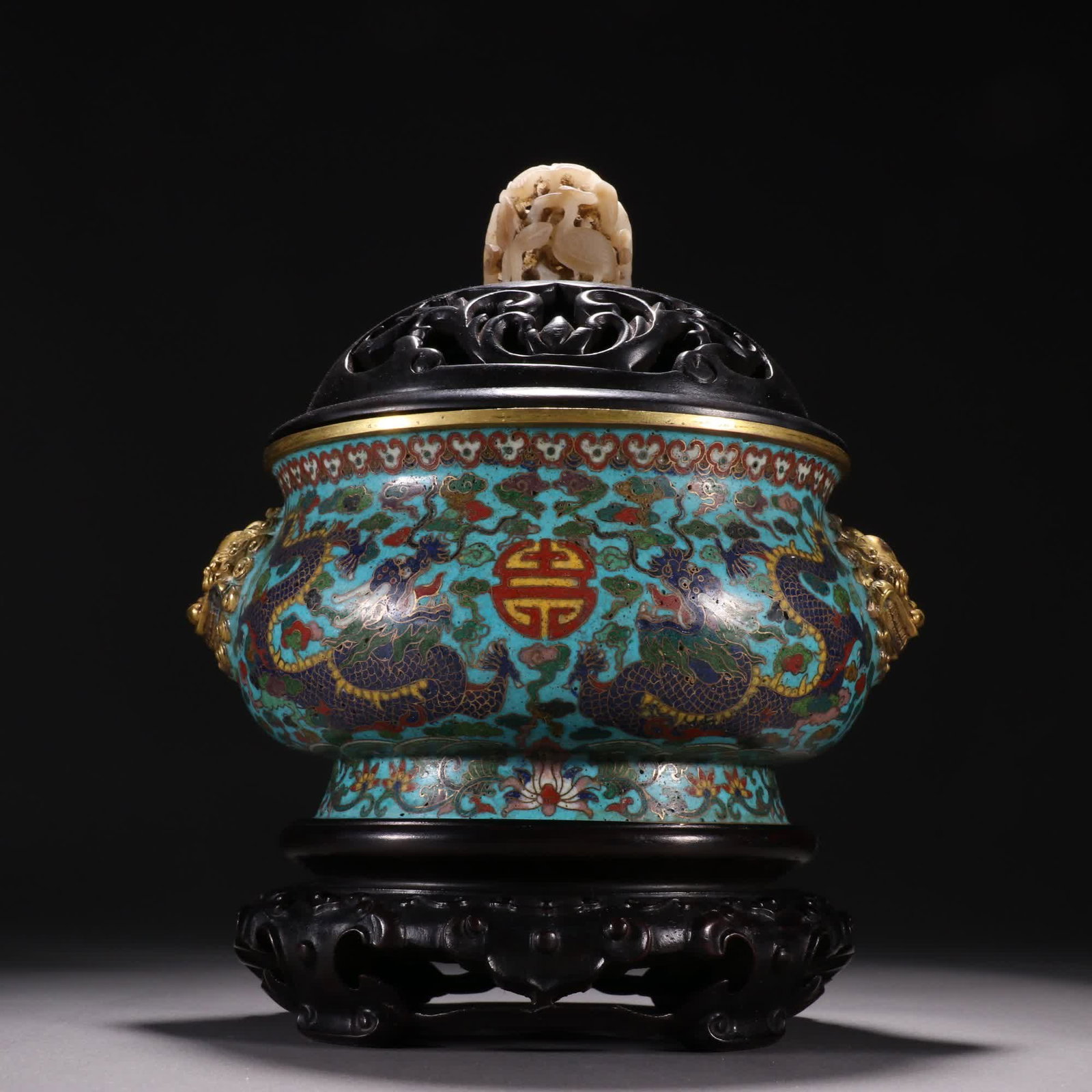 One piece from the Qing Dynasty: a gilt bronze cloisonne incense burner with double dragons playing: Qing Dynasty: Copper gilt filigree cloisonne double dragons playing with pearls incense burner SIZE: H:22cm Mouth diameter 14.7cm W:1654g (The Dimensions Of All Batches Are Manually Measured.If You Ne