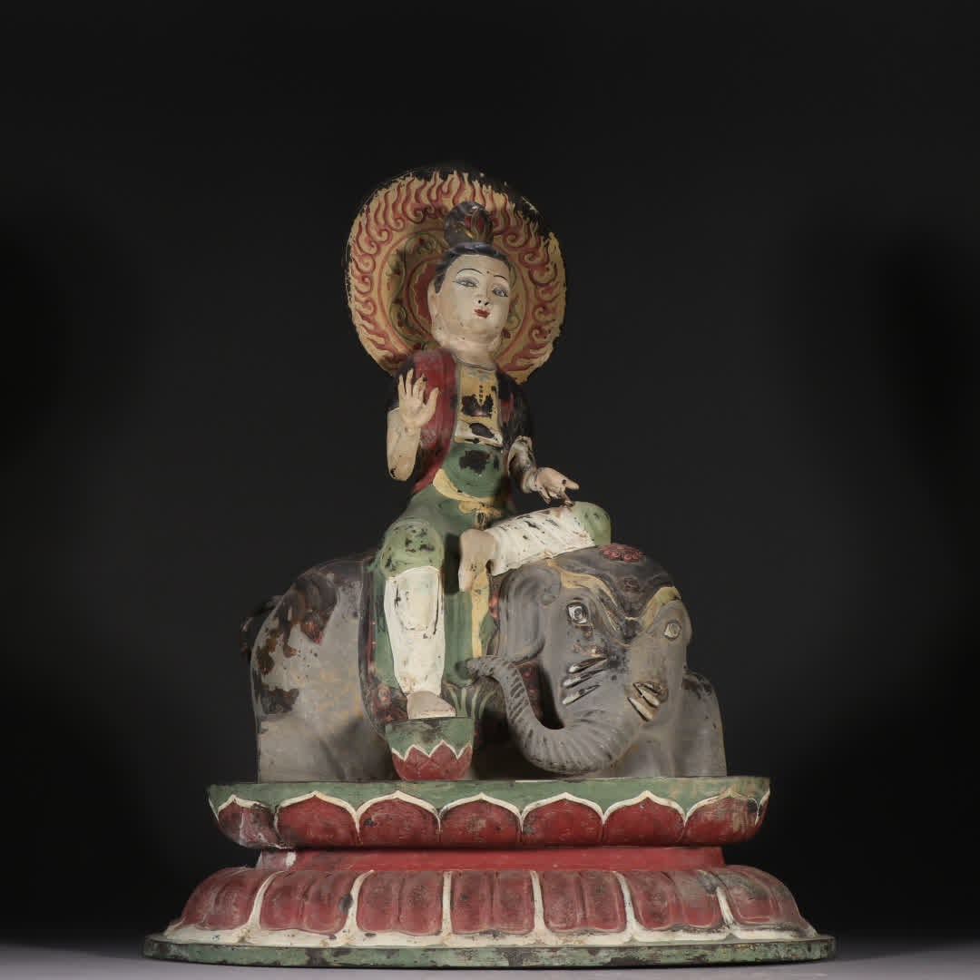 A painted bronze-based painted statue of Samantabhadra Bodhisattva riding an elephant: Bronze-based painted statue of Samantabhadra Bodhisattva riding an elephant SIZE: H:44.5cm W:31cm W:3579.7g (The Dimensions Of All Batches Are Manually Measured.If You Need More Detailed Information, 