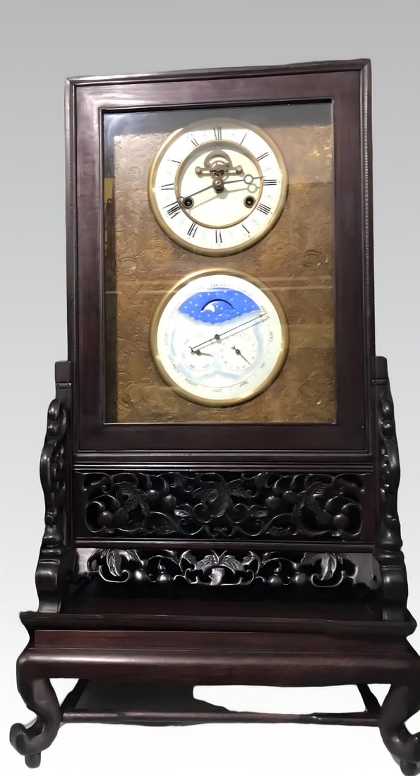 A late Qing dynasty redwood carved bell with sun, moon, and stars: Late Qing rosewood carvings of sun, moon, stars, and bells SIZE: H:69cm W:39cm (The Dimensions Of All Batches Are Manually Measured.If You Need More Detailed Information, Please Contact Our Customer S