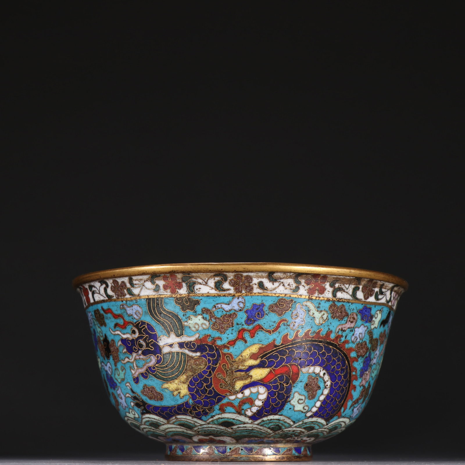 One is a gilt bronze cloisonne bowl with dragon patterns: Bronze gilt cloisonne dragon patterned bowl SIZE: H:7.5cm W:14.5cm W:475.1g (The Dimensions Of All Batches Are Manually Measured.If You Need More Detailed Information, Please Contact Our Customer Serv
