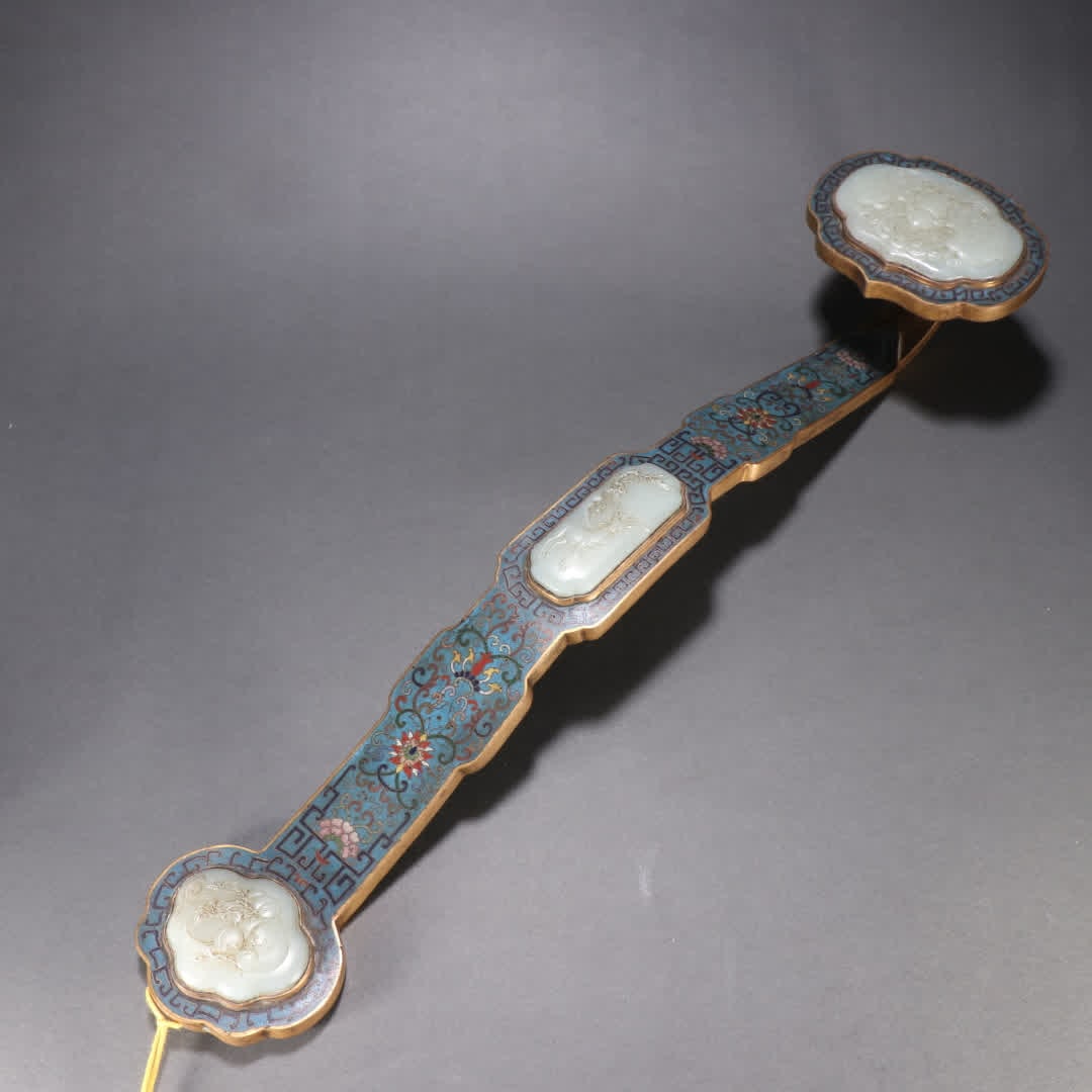 A Qing Dynasty brass gilt cloisonne inlaid jade with a 'Fu Lu Shou Ruyi Handle.': Qing Dynasty copper-gilt cloisonne inlaid with jade handle for fortune, prosperity, longevity, and ruyi SIZE: L:47cm W:10.4cm W:1110.7g (The Dimensions Of All Batches Are Manually Measured.If You Need