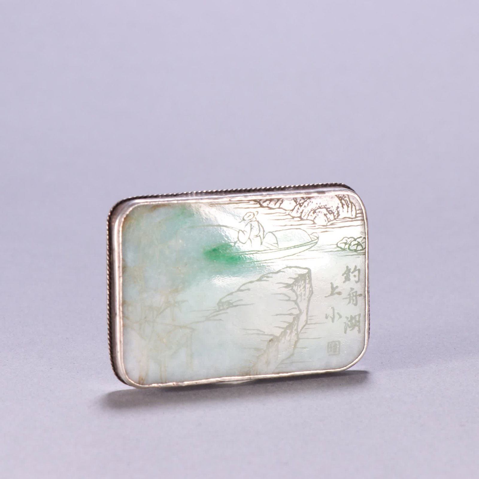 A Qing Dynasty jadeite character story belt buckle: Qing Dynasty Jadeite Story Belt Buckle SIZE: W:4.3x6cm W:52.4g (The Dimensions Of All Batches Are Manually Measured.If You Need More Detailed Information, Please Contact Our Customer Service Before Bi