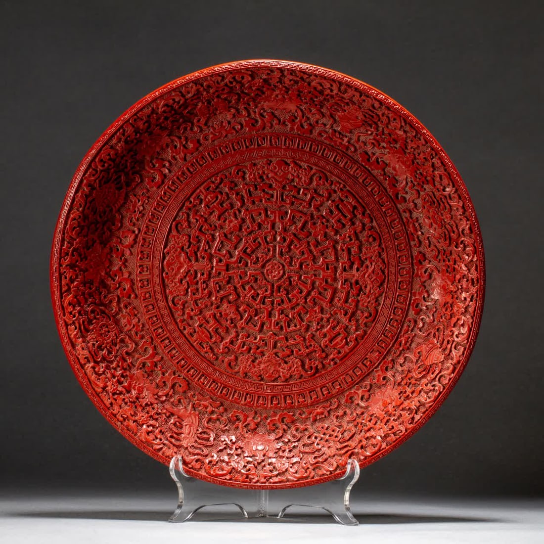 A Qing Dynasty carved red appreciation plate: Qing Dynasty carved red for viewing plates SIZE: L:18cm W:18cm H:4.5cm W:580g (The Dimensions Of All Batches Are Manually Measured.If You Need More Detailed Information, Please Contact Our Customer