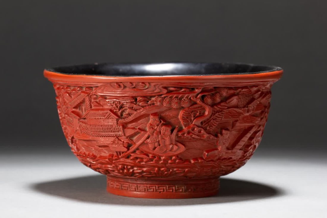 A Qing Dynasty carved red bowl: Qing Dynasty carved red bowl SIZE: L:16cm W:16cm H:8.5cm W:220g (The Dimensions Of All Batches Are Manually Measured.If You Need More Detailed Information, Please Contact Our Customer Service Before B