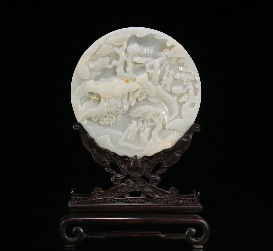 A Qing Dynasty rosewood bracket Hetian jade with a portrait, landscape, poetry, and prose screen: Qing Dynasty Zitantuo Hetian Jade Figures, Landscapes, Poetry, Inserts SIZE: 34.5x23x7cm, Tama 20.5x0.8cm, W: 587.5g (The Dimensions Of All Batches Are Manually Measured.If You Need More Detailed Info