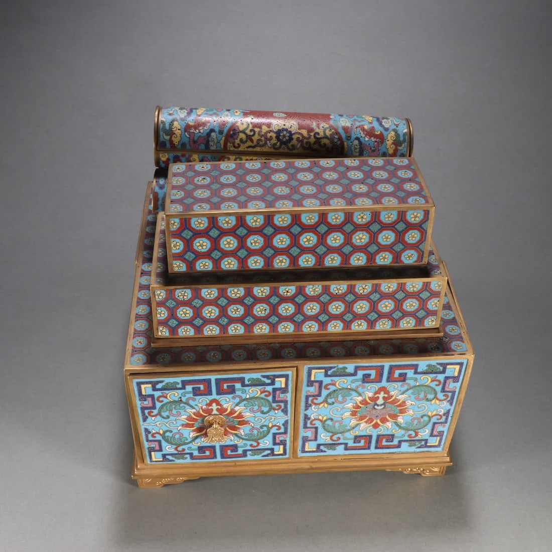 A Qing Dynasty gilt bronze cloisonne book scroll box for study: Qing Dynasty gilt cloisonne scroll box for study SIZE: H:20.3cm W:21cm W:6.3kg (The Dimensions Of All Batches Are Manually Measured.If You Need More Detailed Information, Please Contact Our Customer