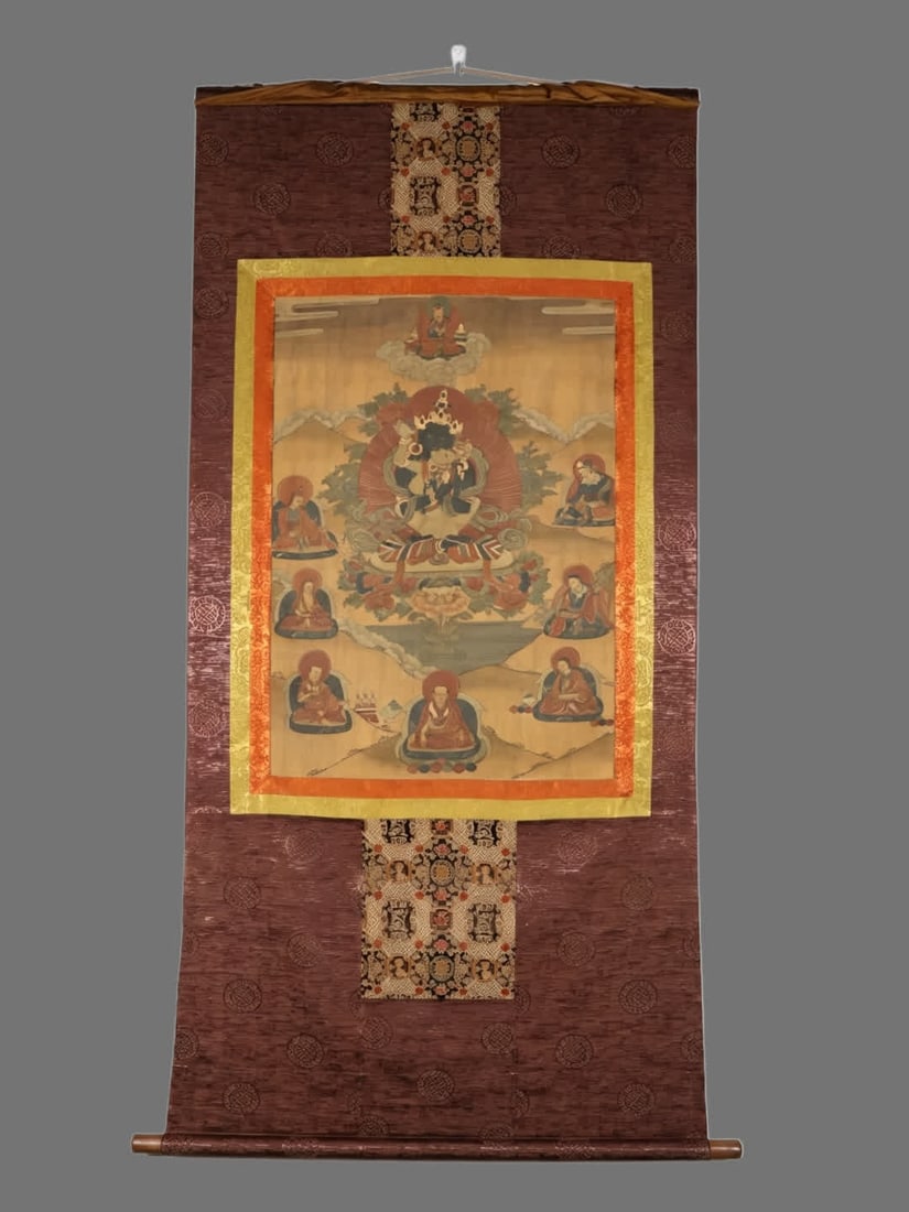 A Qing Dynasty natural mineral color hand-painted Joyful Buddha thangka: Qing Dynasty Natural Mineral Color Hand-Painted Joyful Buddha Thangka SIZE: H:152cm W:87.3cm (The Dimensions Of All Batches Are Manually Measured.If You Need More Detailed Information, Please Contact