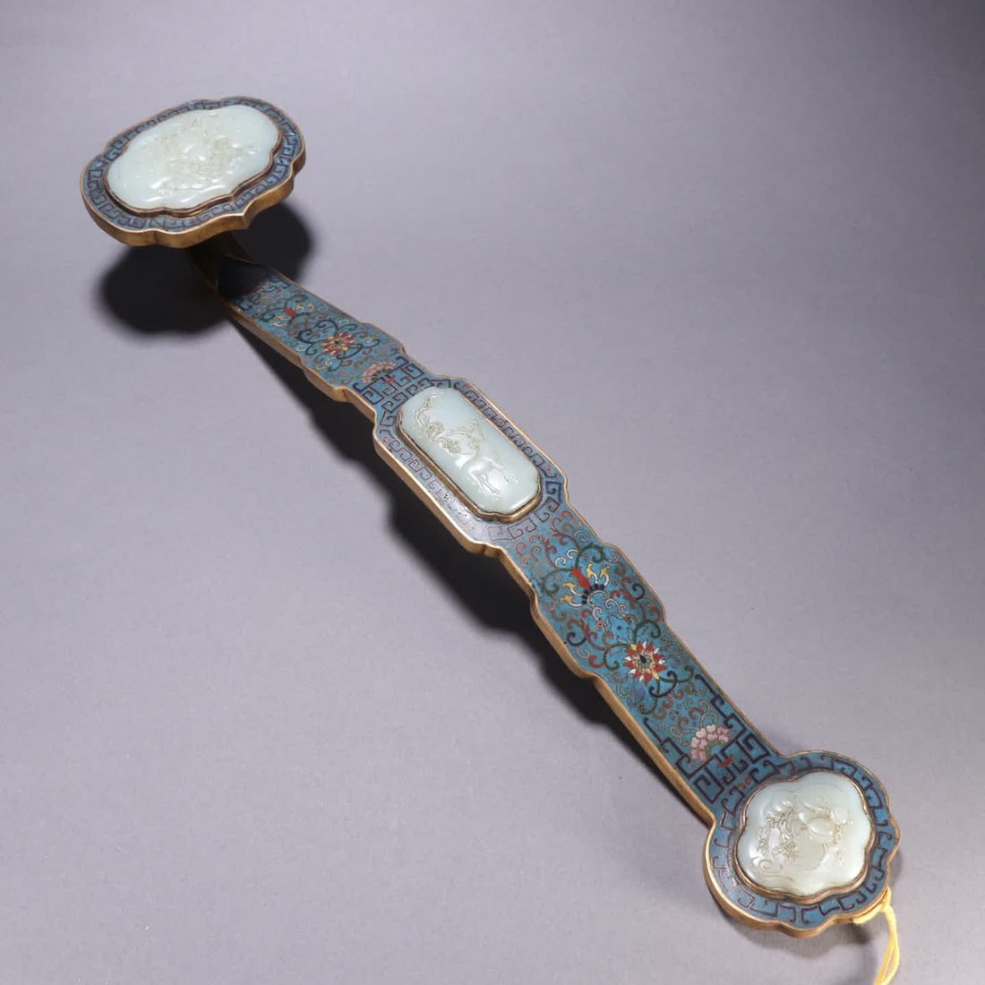 A Qing Dynasty bronze-inlaid cloisonne inlaid Hetian jade auspicious ornament for fortune,: Qing Dynasty copper-bodied cloisonne inlaid Hetian jade Fortune, Prosperity, and Longevity ornament SIZE: H:47cm W:10.7cm W:1110g (The Dimensions Of All Batches Are Manually Measured.If You Need More 