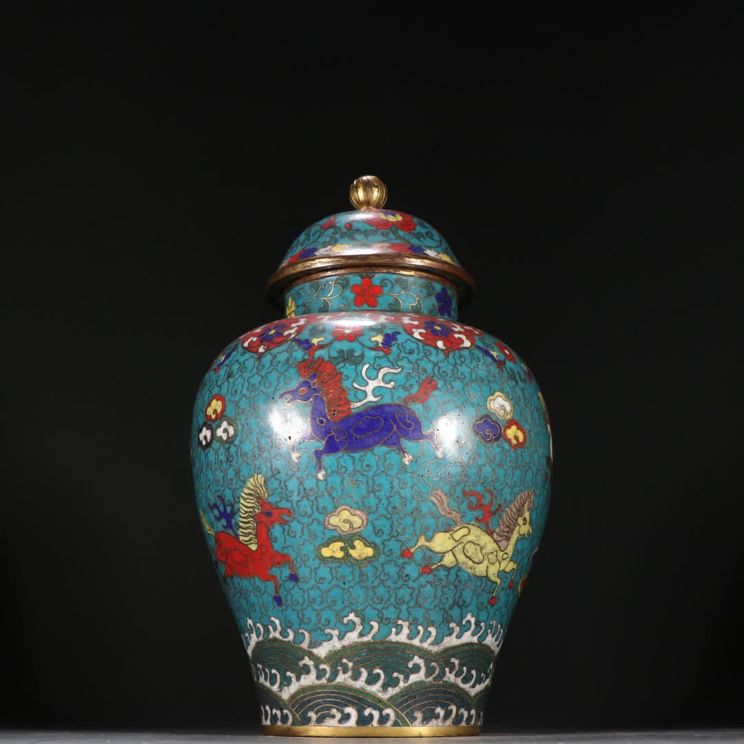 A Ming Dynasty copper gilt cloisonne horse-patterned general jar: Ming Dynasty Copper Gilded Cloisonne Horse Pattern General Jar SIZE: H:29cm W:17cm W:1782.5g (The Dimensions Of All Batches Are Manually Measured.If You Need More Detailed Information, Please Contact 