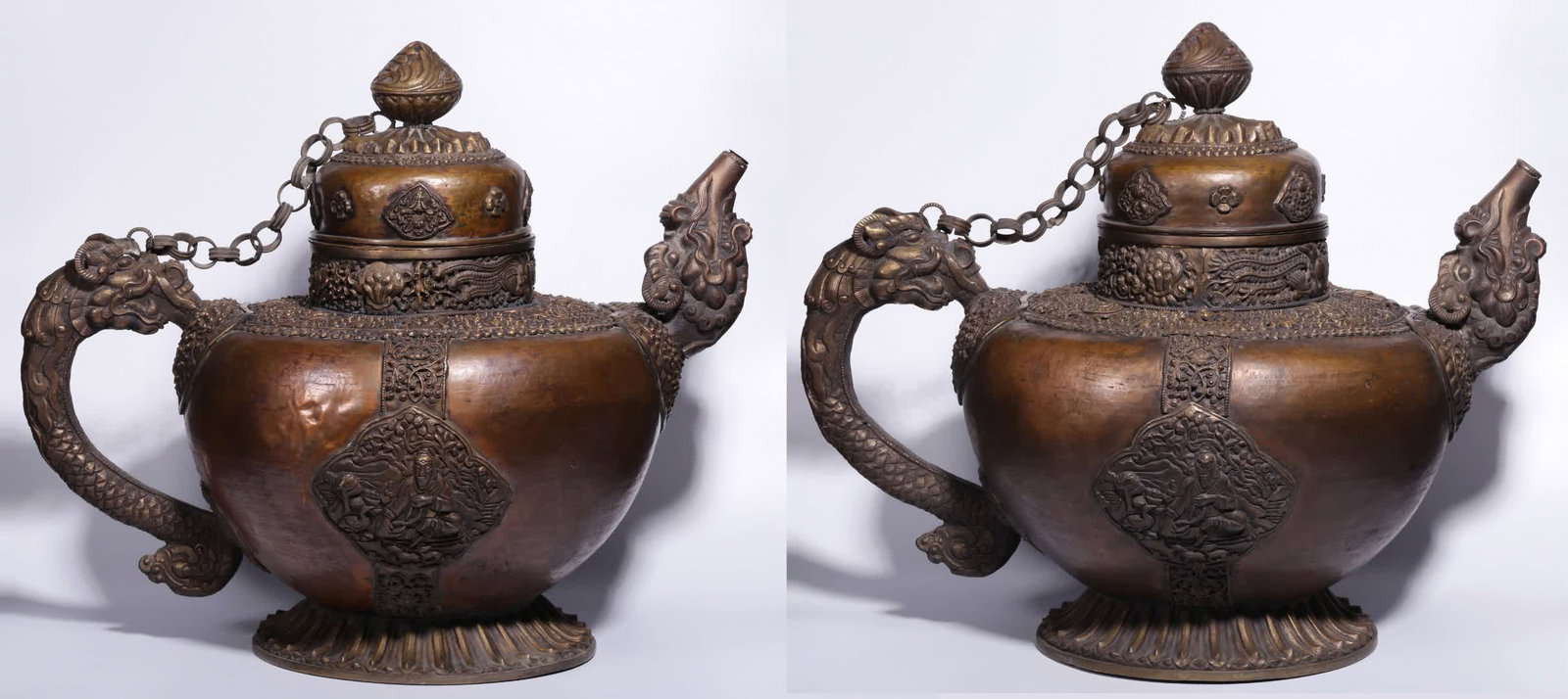 A pair of Qing Dynasty Tibetan bronze engraved eight-treasure guru dragon ear butter pots: A pair of Qing dynasty Tibetan bronze engraved Eight-Treasure Guru Pattern dragon ear butter pots SIZE: H:48cm L:56.5cm Diameter 38cm W:6.85kg (The Dimensions Of All Batches Are Manually Measured.If Y